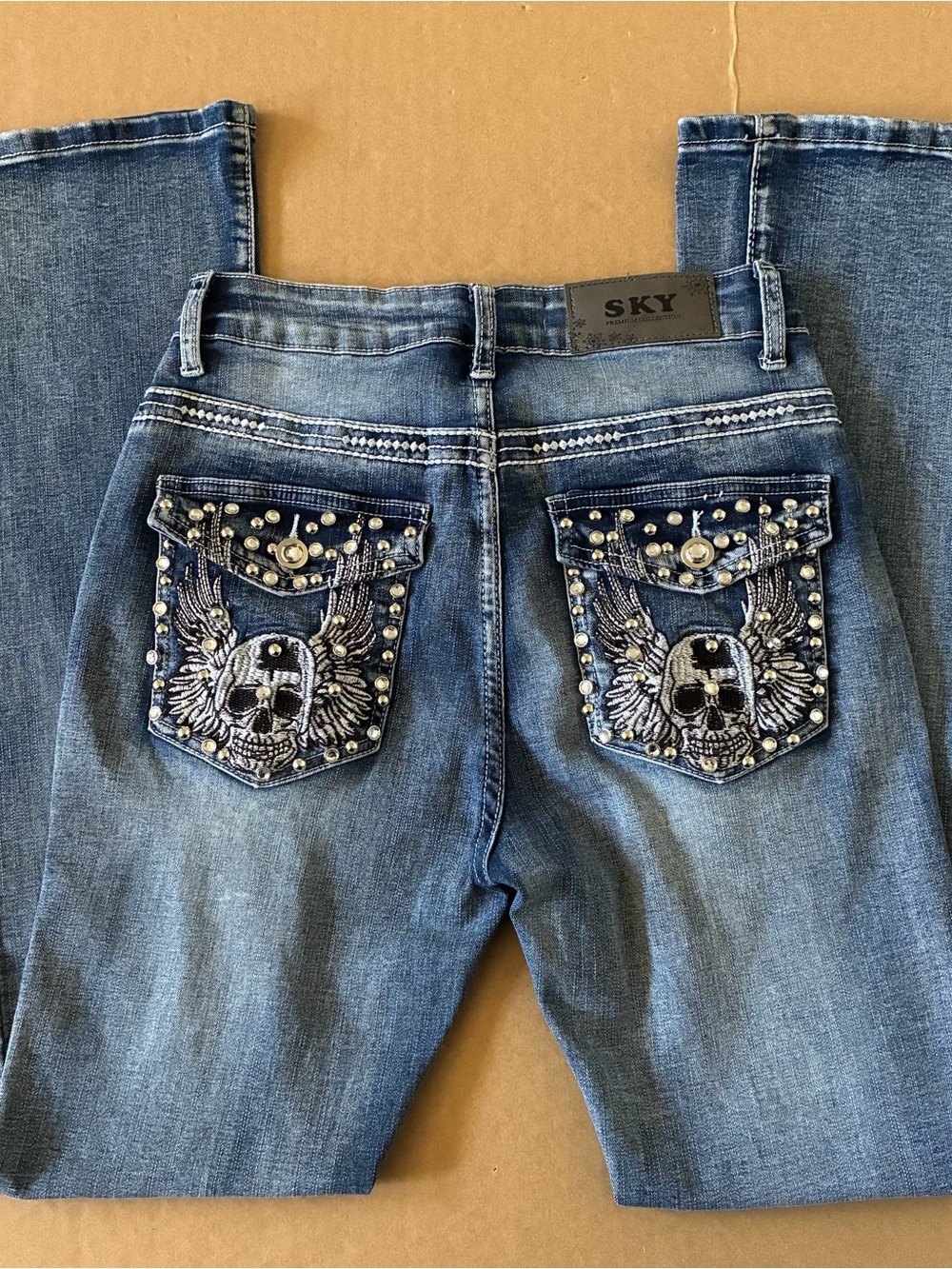 Y2K SKY Flare Jeans Skull Angel Wing Rhinestones Back Pockets Junior’s 7 Mcbling